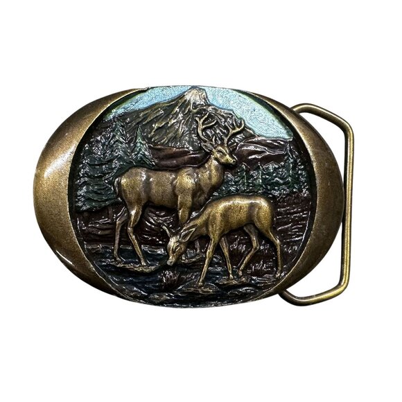 Indiana Metal Craft Other - Belt Buckle Whitetail deer In Forest Wildlife Indiana Metal Craft 1982 Brass